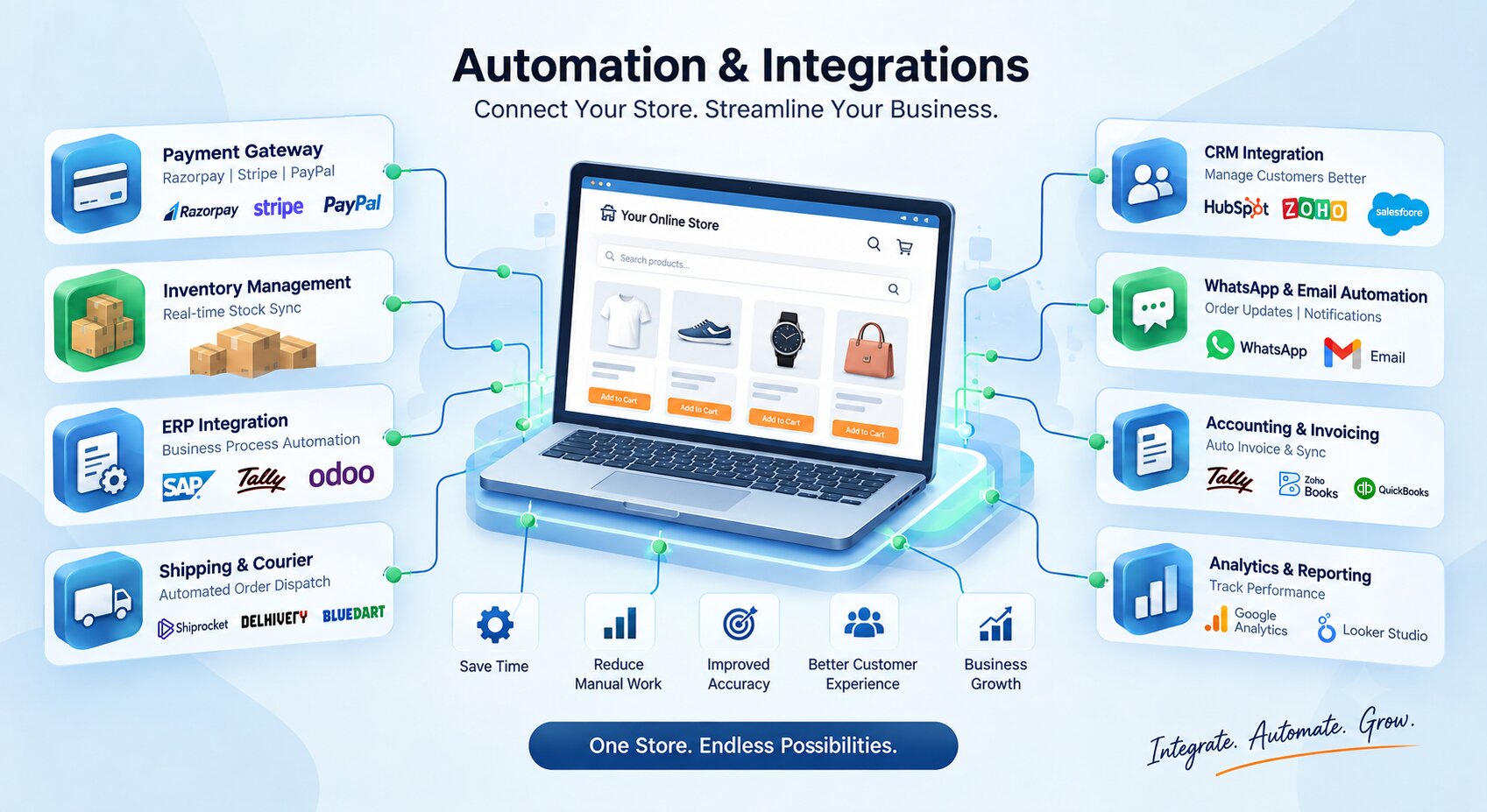 E-commerce integrations payment shipping inventory and automation